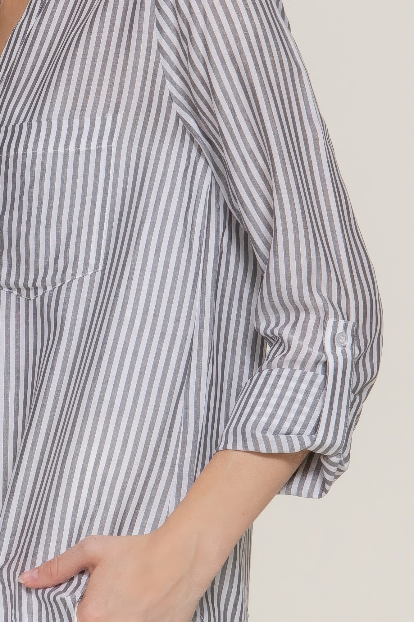 Long Slv Split Round Neck Stripe Woven Shirt