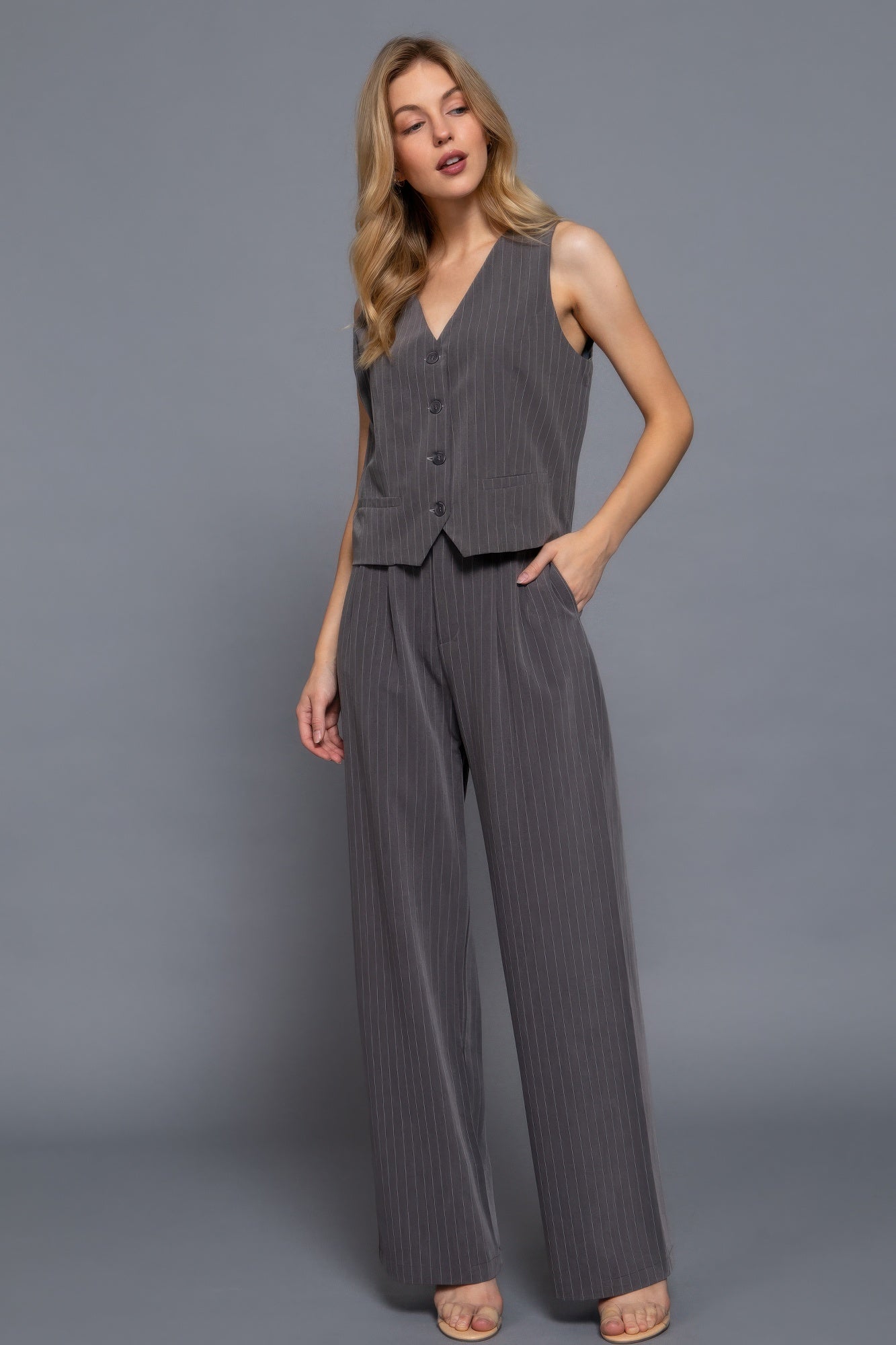 V-Neckline Pin Stripe Woven Vest