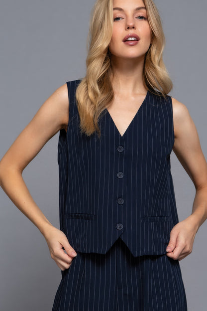 V-Neckline Pin Stripe Woven Vest