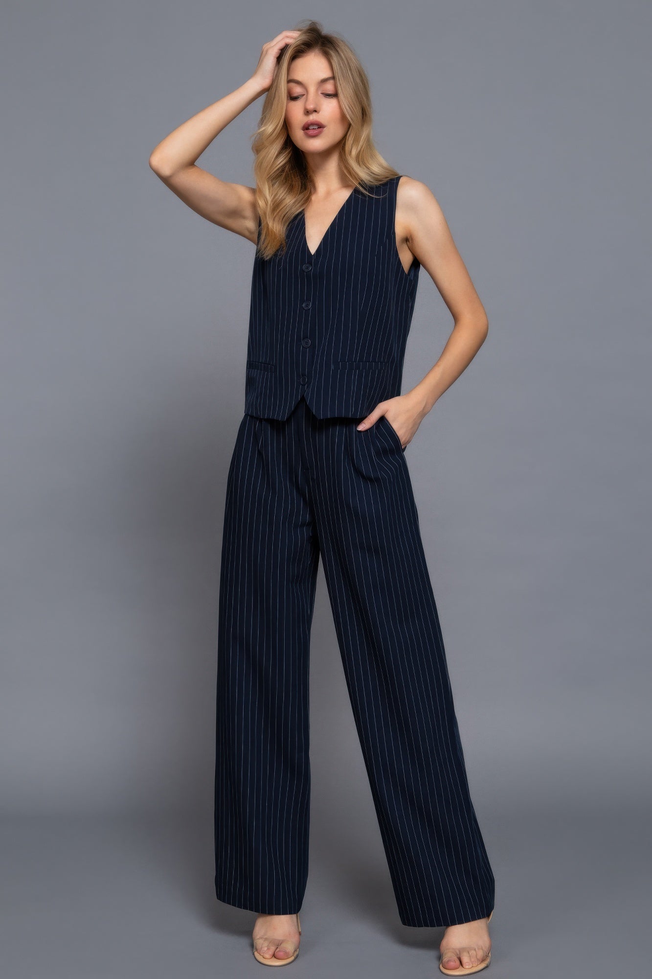 V-Neckline Pin Stripe Woven Vest