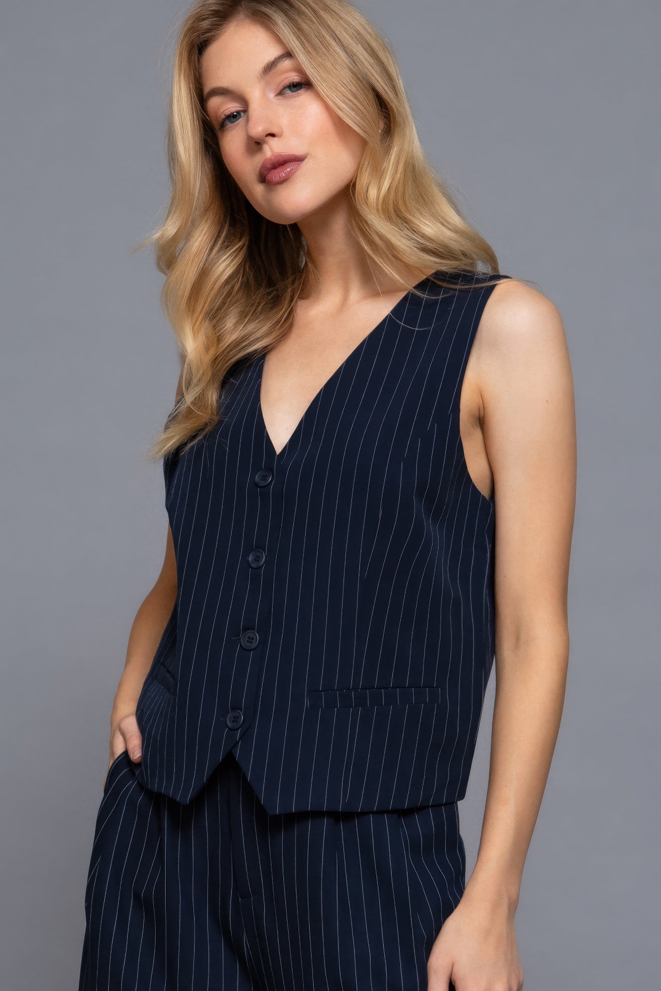 V-Neckline Pin Stripe Woven Vest