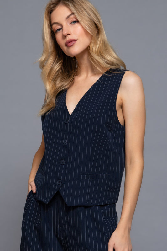 V-Neckline Pin Stripe Woven Vest