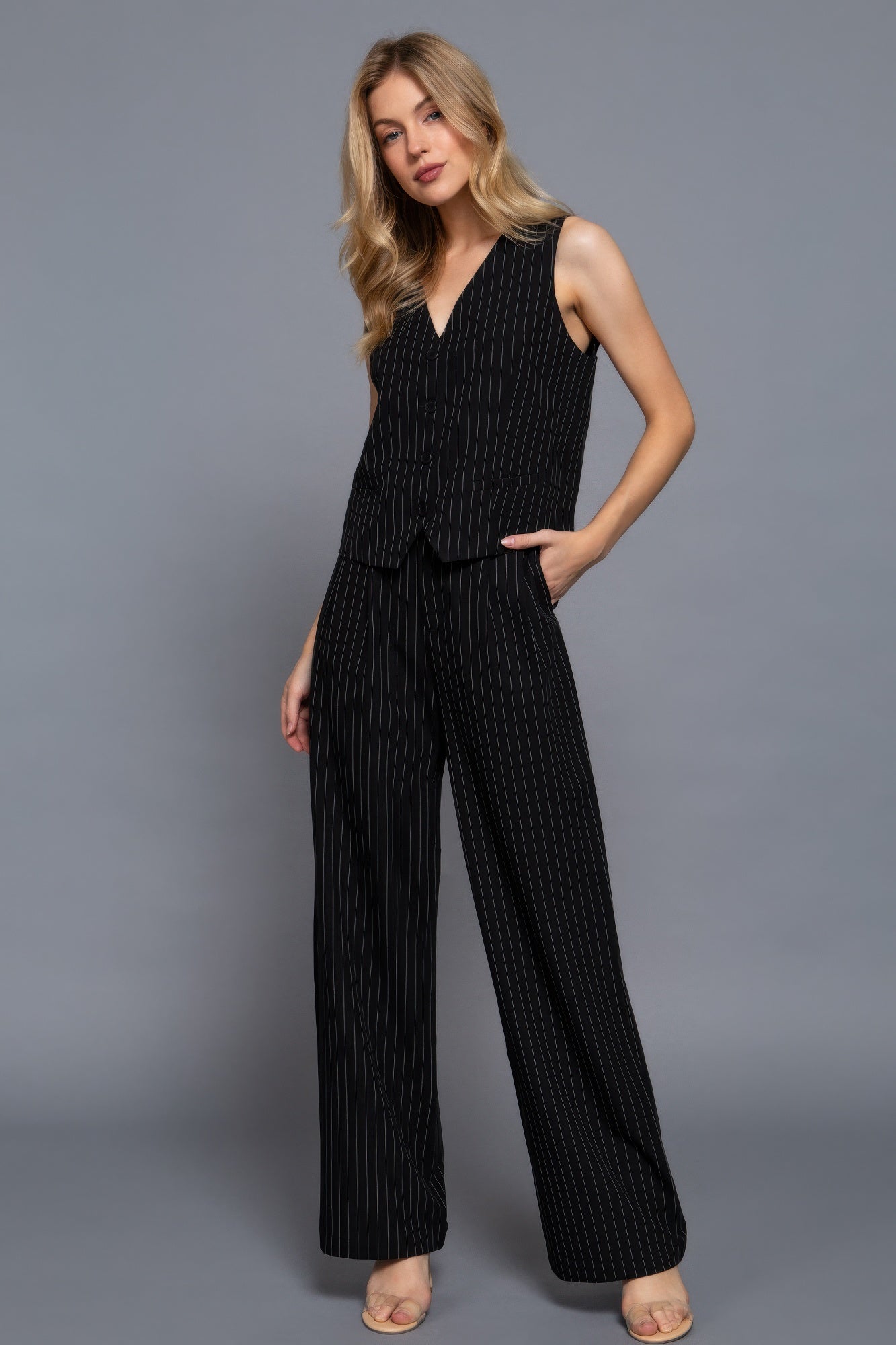 V-Neckline Pin Stripe Woven Vest