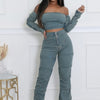 Denim Off The Shoulder Stretch Pant Set