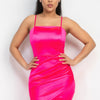 Overlapping Hem Shirred Satin Dress