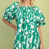 Geometric Print Loose Fit Mini Dress With Gathered Balloon Sleeves
