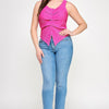 Plus Sleeveless Crinkle Knit Faux Button Down Top