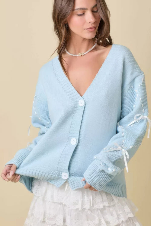 Hand Sewn Satin Ribbon Detail On Sleeve Cardigan