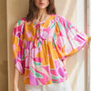 Geo Floral Printed Batwing Sleeve Top