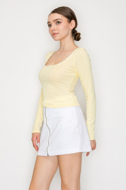 Lace Trim Square Long Sleeve Top