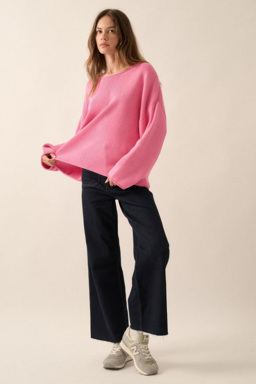 Solid Rib-knit Oversized Boatneck Sweater