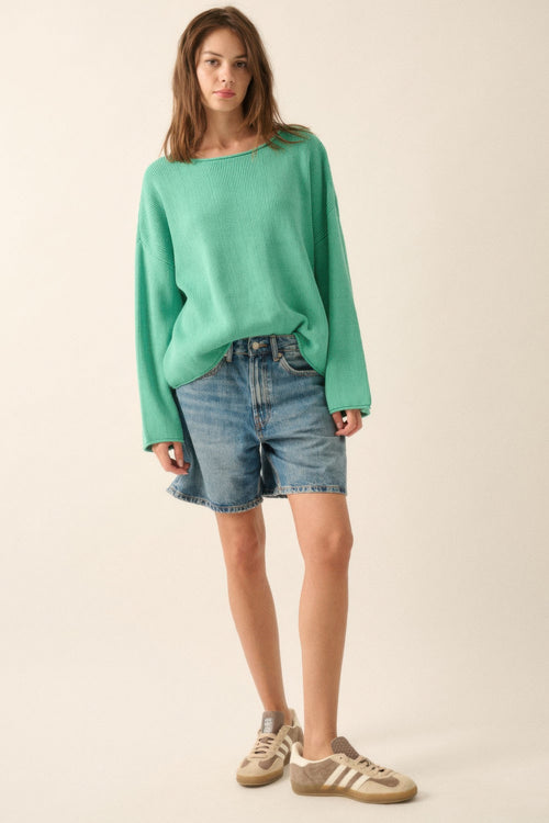 Solid Rib-knit Oversized Boatneck Sweater