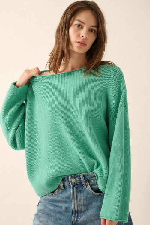 Solid Rib-knit Oversized Boatneck Sweater