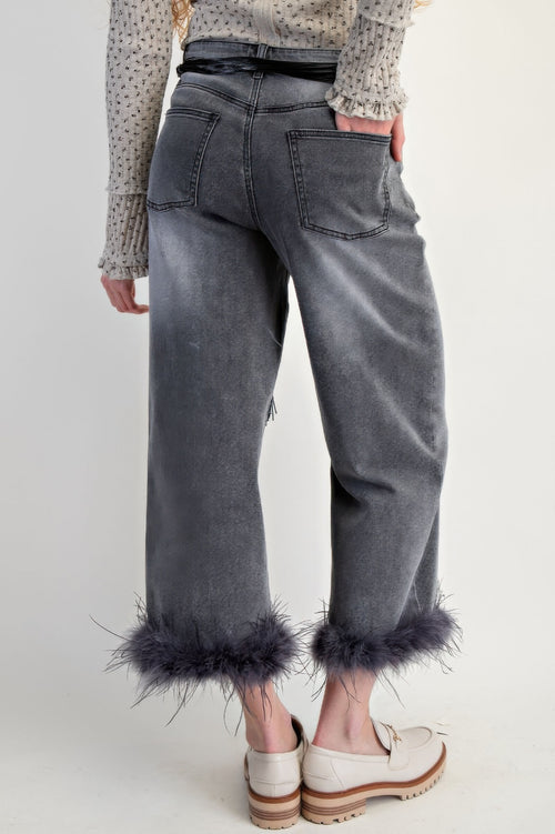 Fur Bottom Hem Washed Stretch Denim Pants