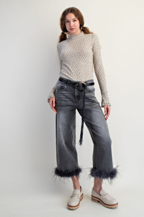 Fur Bottom Hem Washed Stretch Denim Pants