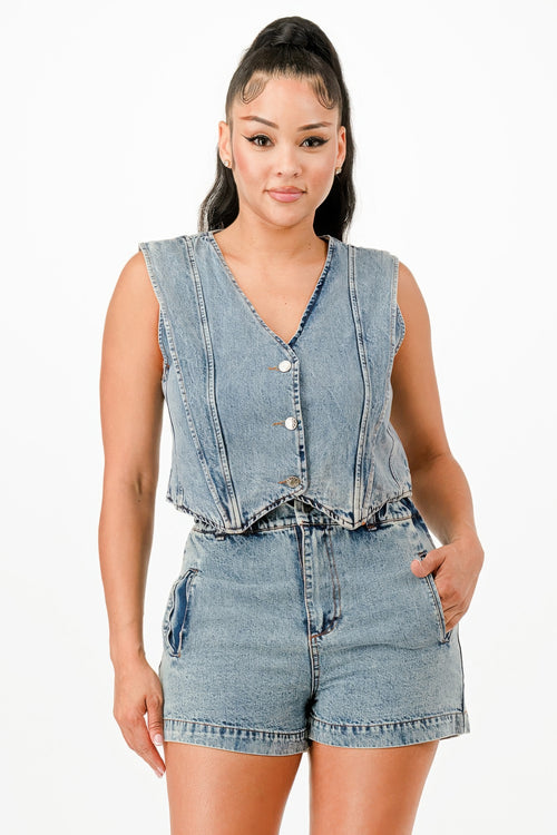Classic Denim Vest And Short Pants Set