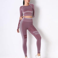 Seamless long sleeve yoga set featuring a fitted crop top and high-waisted leggings in a stylish design.