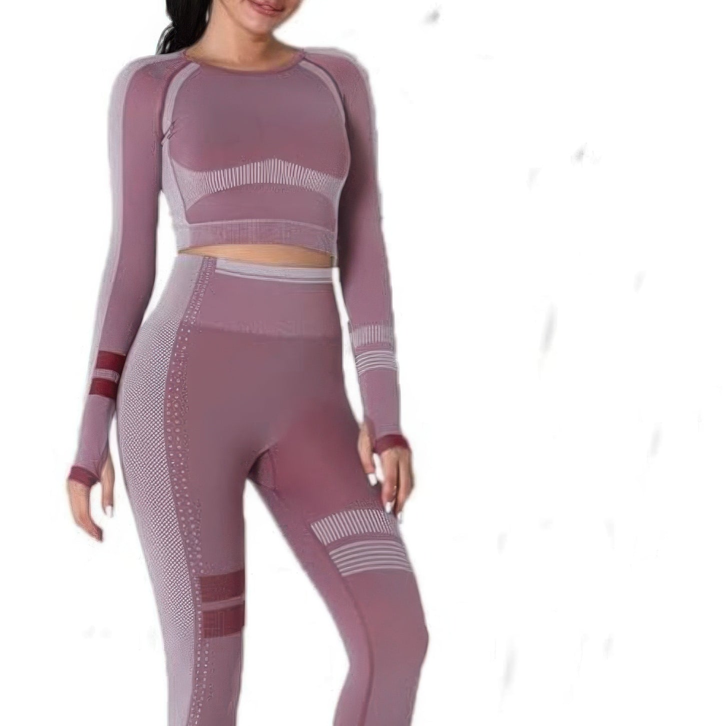 Seamless long sleeve yoga set featuring a fitted crop top and high-waisted leggings in a stylish design.
