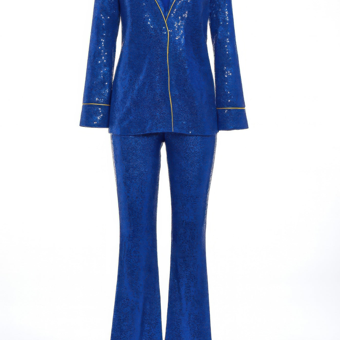 Woman's Resort Wear Pant Set featuring a blue sequined two-piece ensemble with a collared jacket and flared pants.