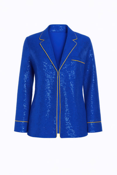 Woman's Resort Wear Pant Set in vibrant blue with refined gold trim, perfect for stylish getaways.