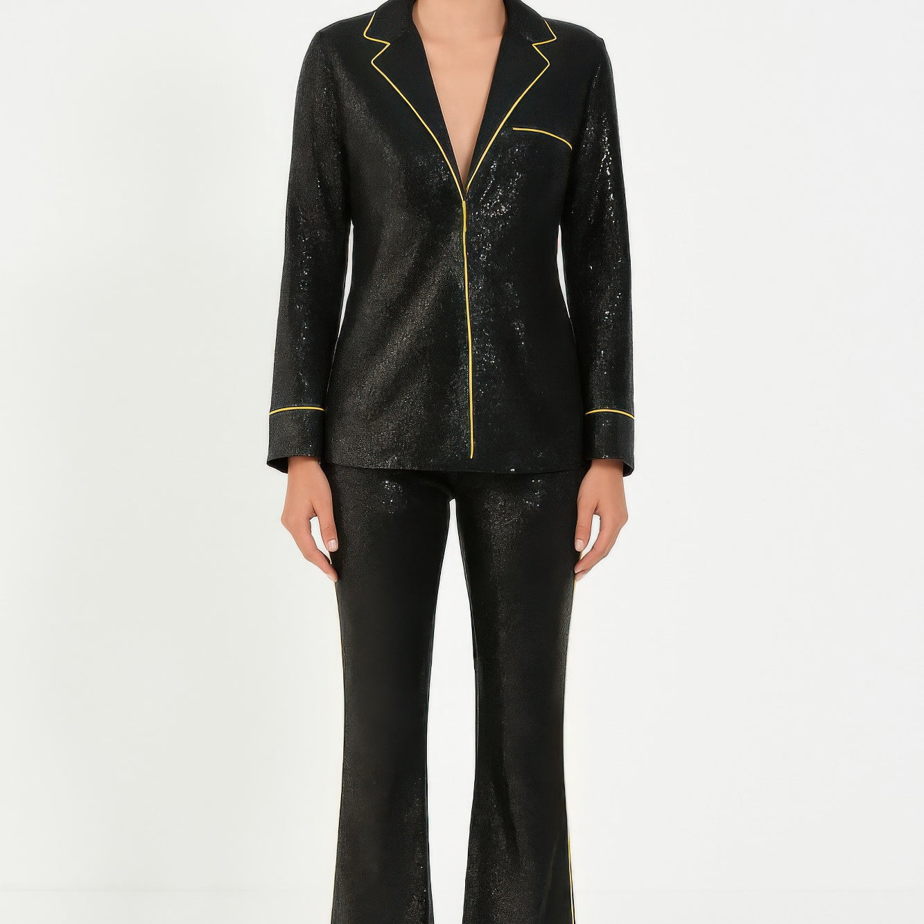 Sequin Collared Two Piece Set featuring a structured collared top and flared pants with yellow trim details.