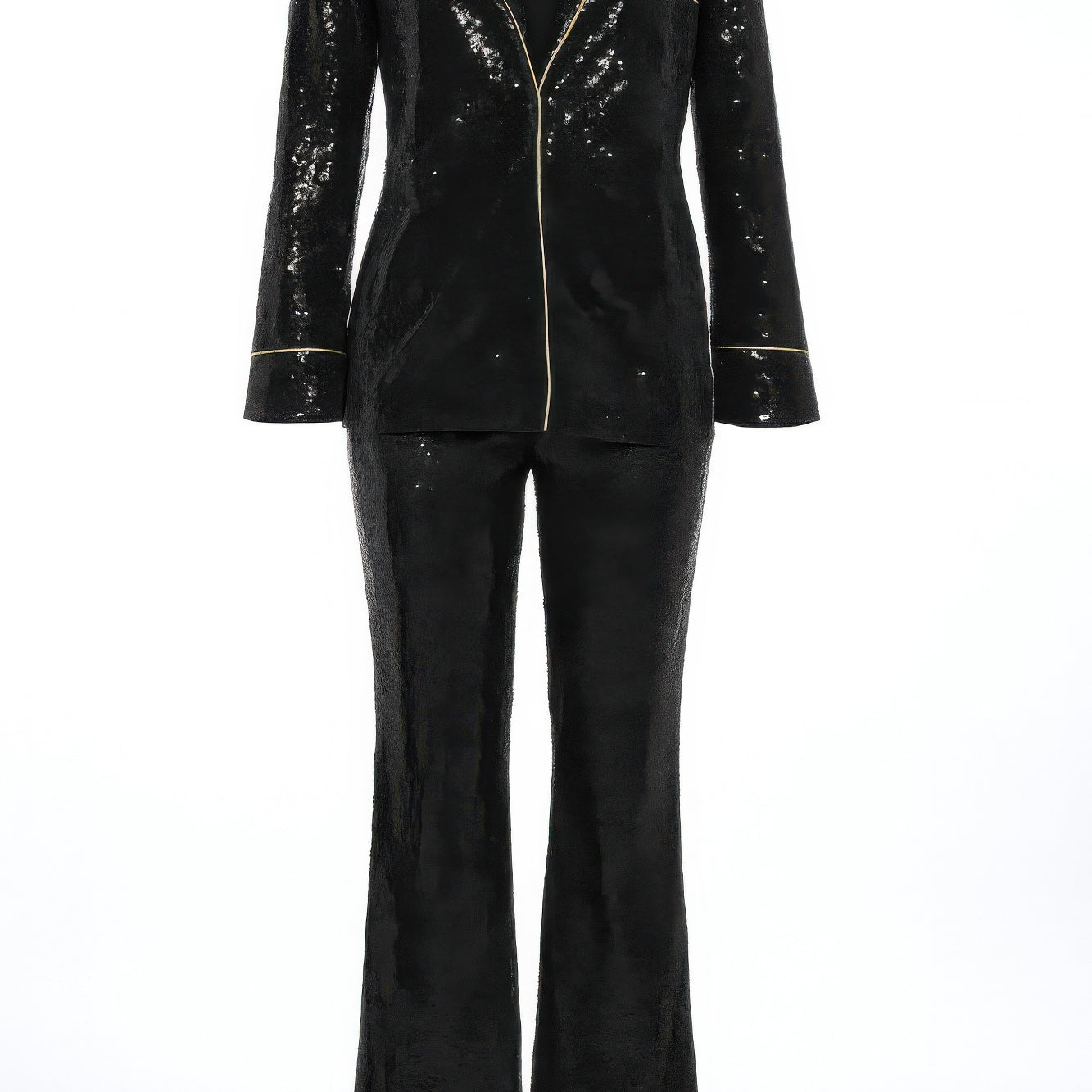 Sequin Collared Two Piece Set featuring a structured top and flared pants, designed with sparkling sequins and elegant trim.