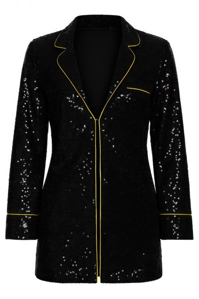 Sequin Collared Two Piece Set featuring a structured black blazer with yellow trim and sequins for a modern, stylish look.