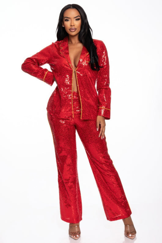 Sequin Collared Two Piece Set in red with a chic collared top and trousers, designed for modern elegance.