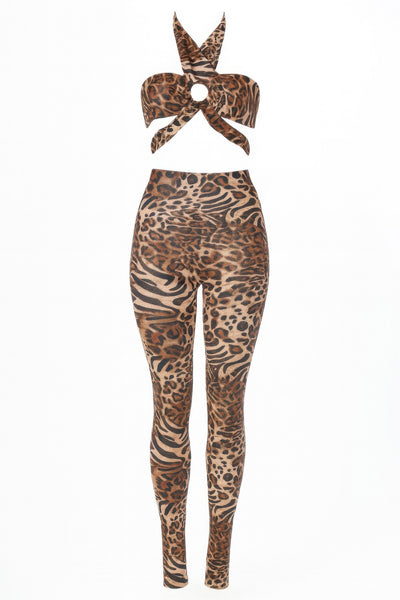 Leopard Cheetah Intertwined Set showcasing a twisted halter crop top and matching leggings in bold animal print.