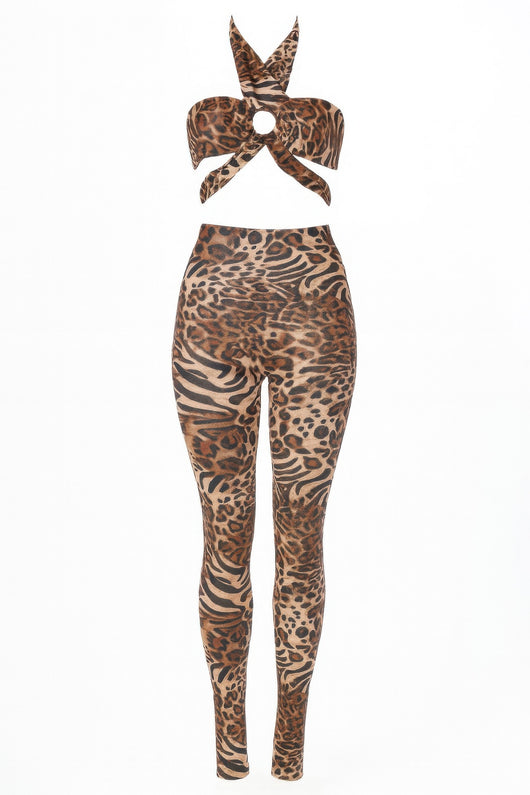 Leopard Cheetah Intertwined Set showcasing a twisted halter crop top and matching leggings in bold animal print.