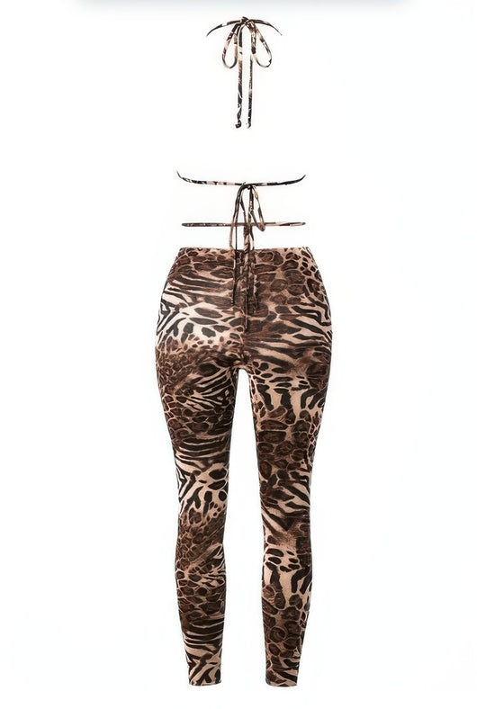 Leopard Cheetah Intertwined Set featuring a halter crop top and fitted leggings in a bold animal print design.