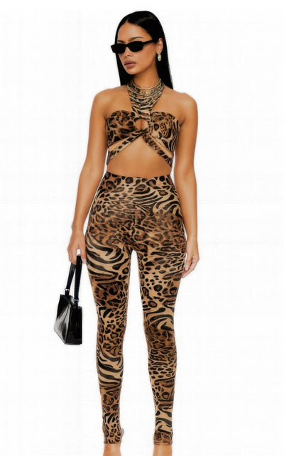 Leopard Cheetah Intertwined Set featuring a halter crop top and matching leggings in a bold animal print.