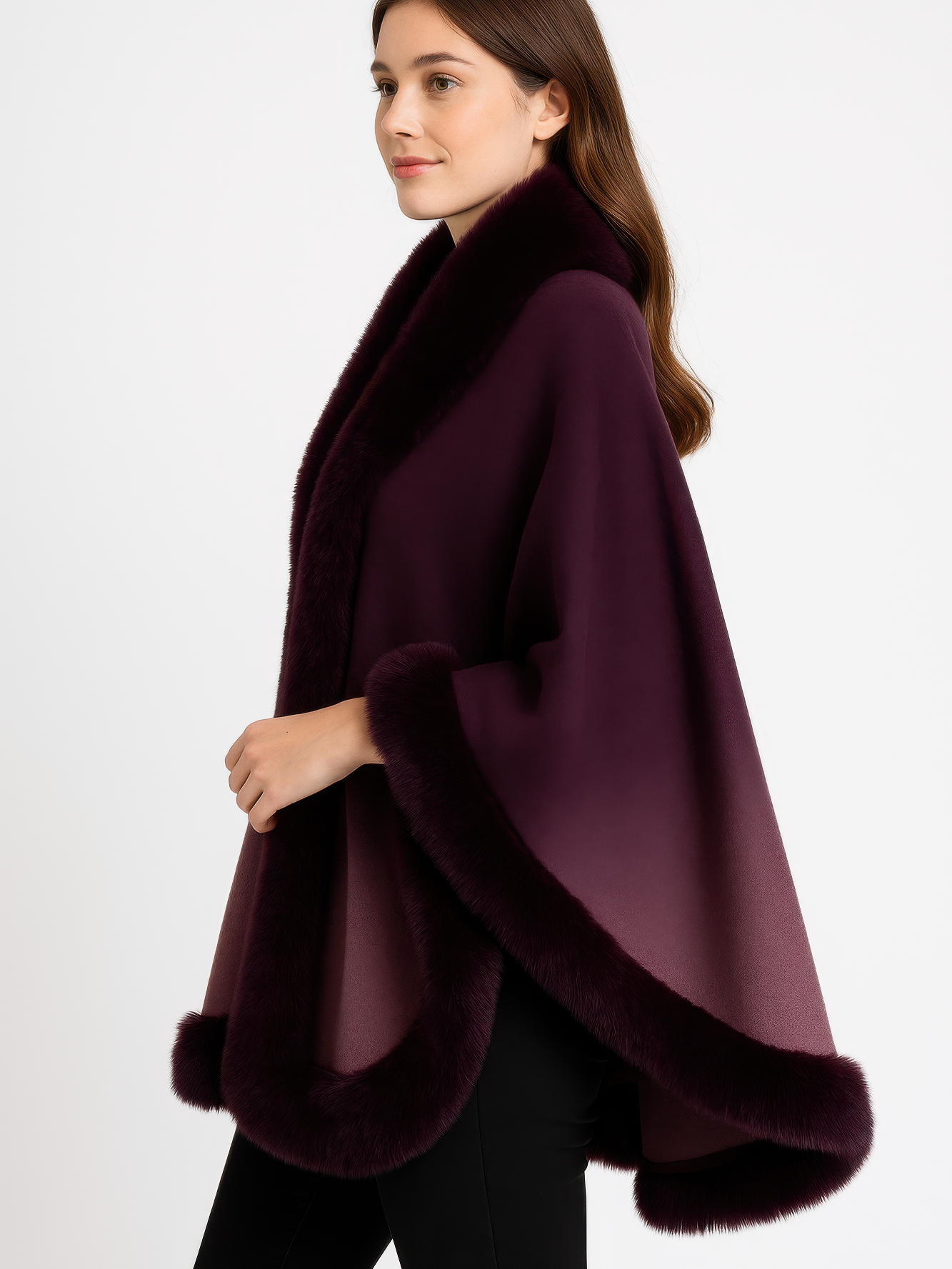 Ombre Faux Fur Trim Cape Wrap in rich purple tones, featuring a plush faux fur trim for a luxurious look.