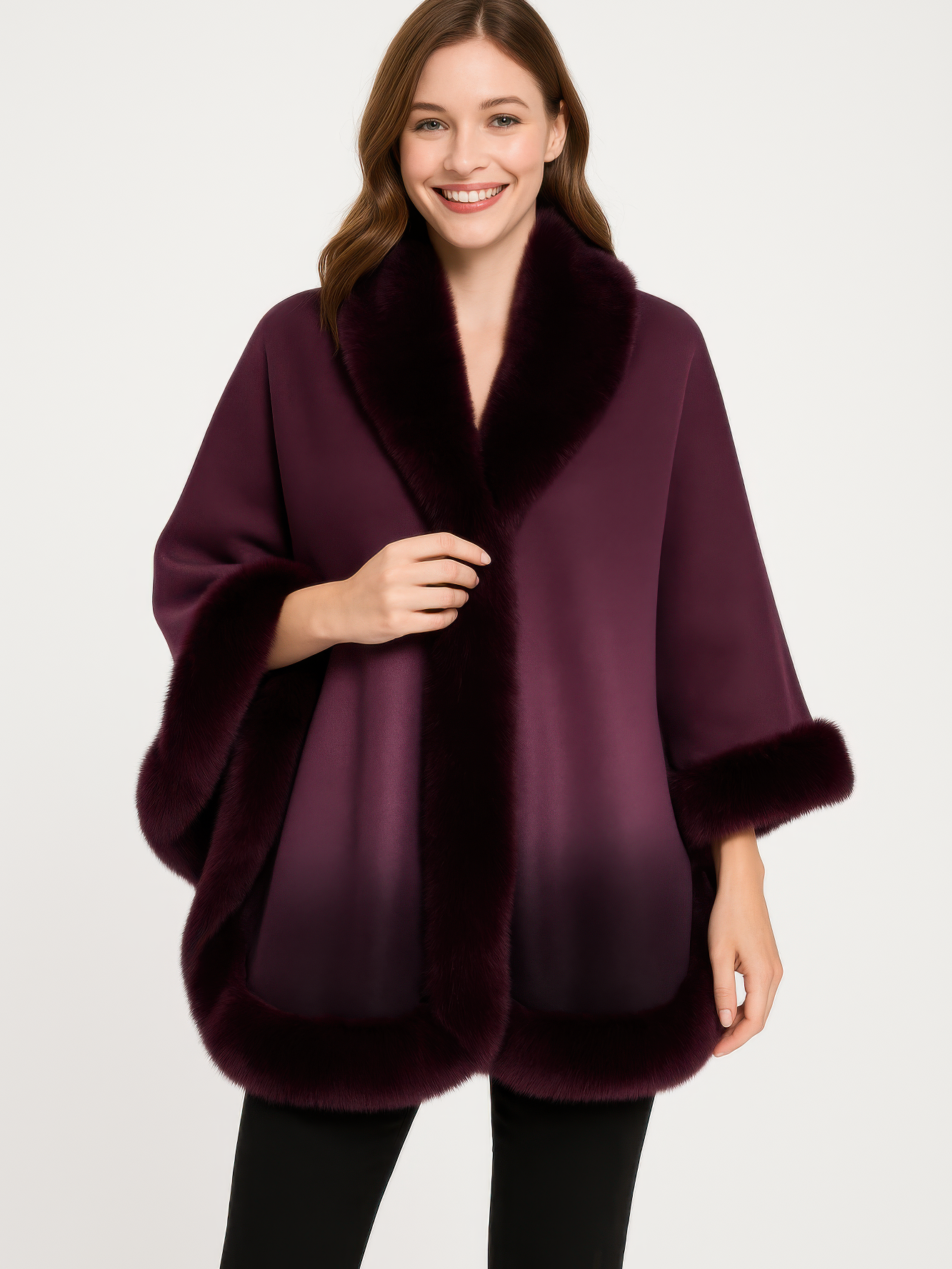Ombre Faux Fur Trim Cape Wrap in burgundy, featuring plush fur trim and a stylish design, perfect for modern outerwear.