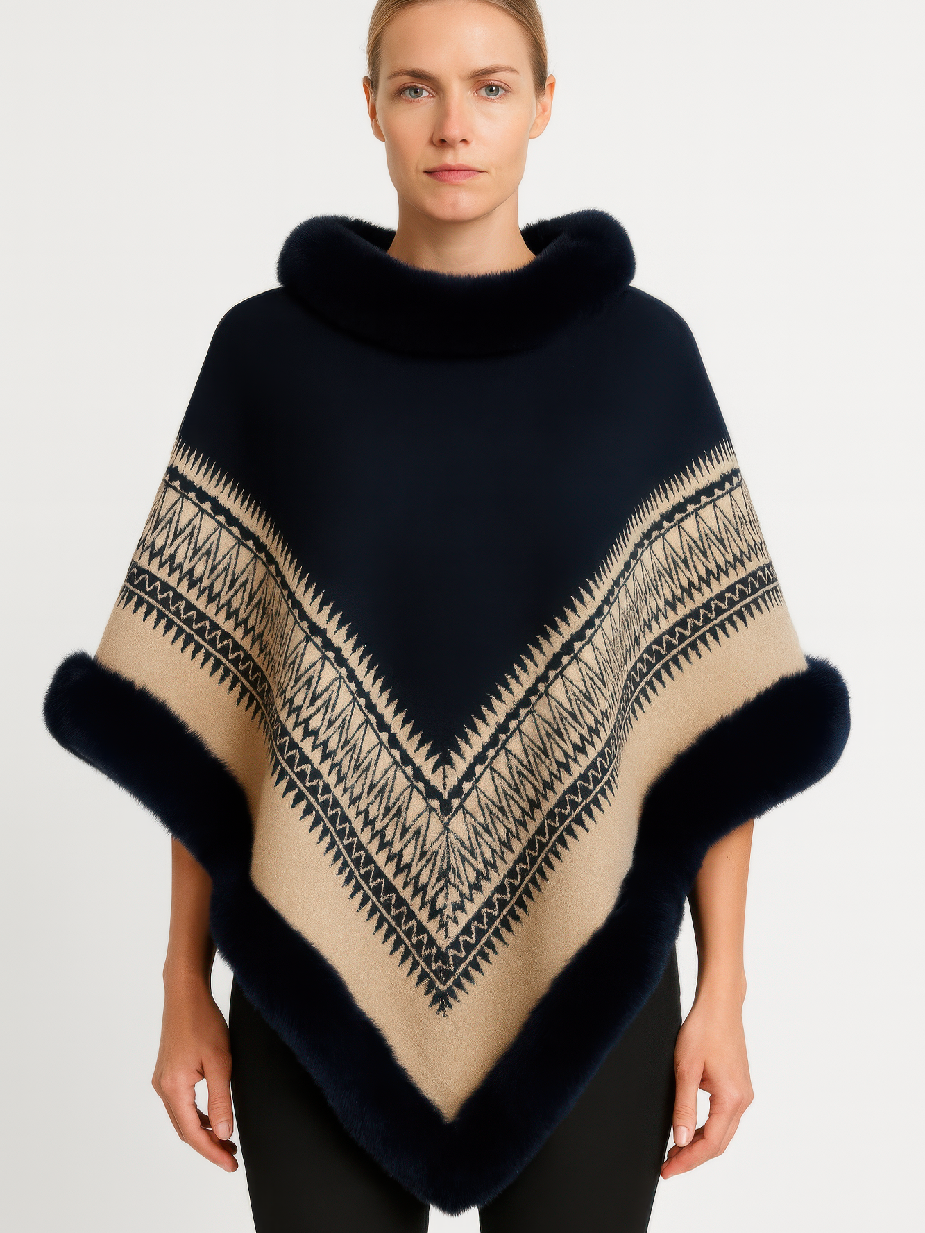 Chevron Trim Poncho With Faux Fur Collar worn by a model, featuring a navy and camel color scheme.