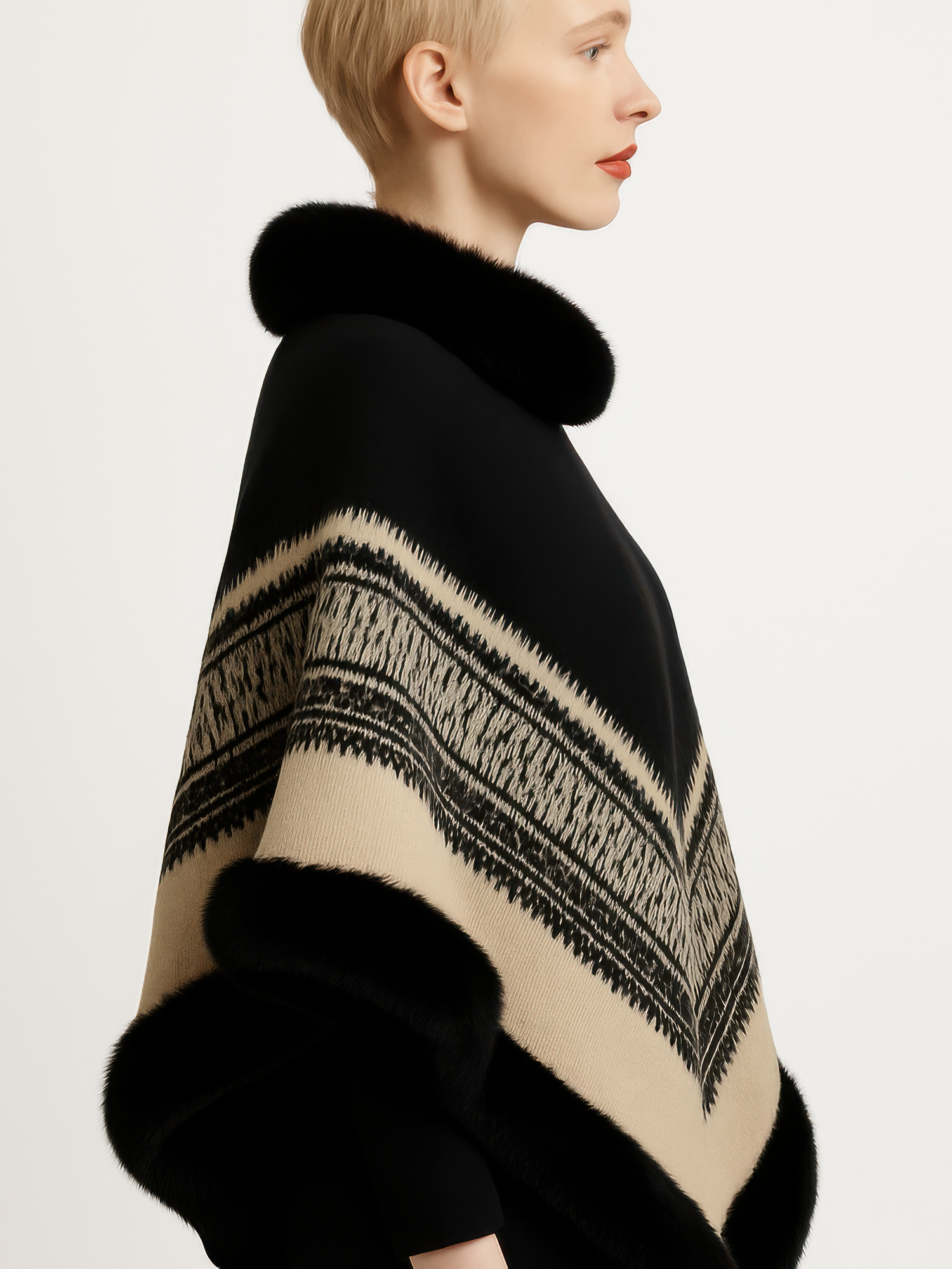 Chevron Trim Poncho With Faux Fur Collar side view showcasing elegant design and warm chevron pattern.