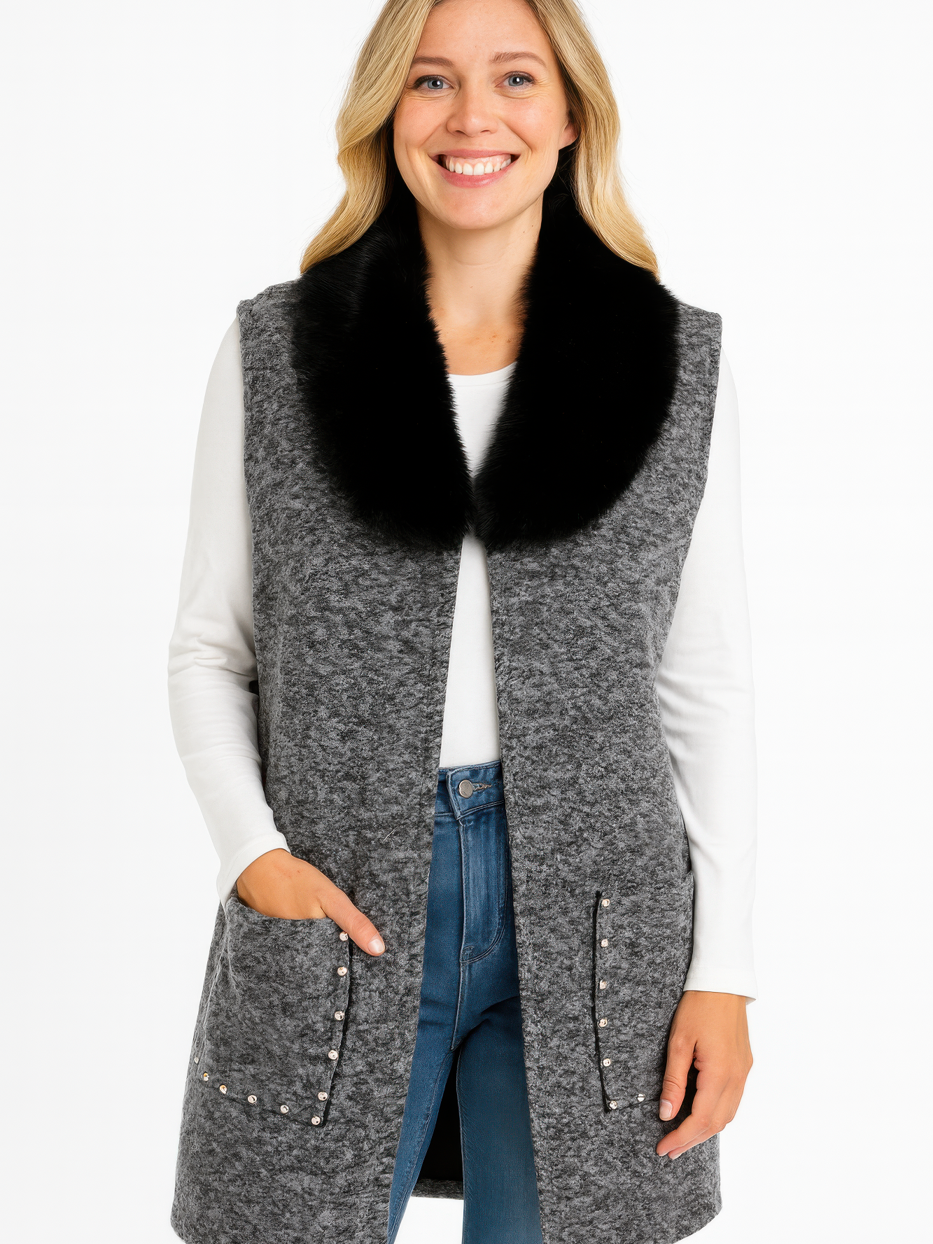 Sleeveless Wool-Blend Vest With Faux Fur Collar styled with a heathered grey design and black faux fur collar.