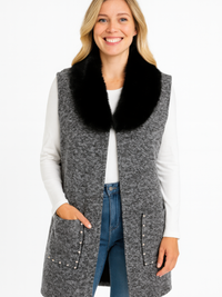 Sleeveless Wool-Blend Vest With Faux Fur Collar styled with a heathered grey design and black faux fur collar.