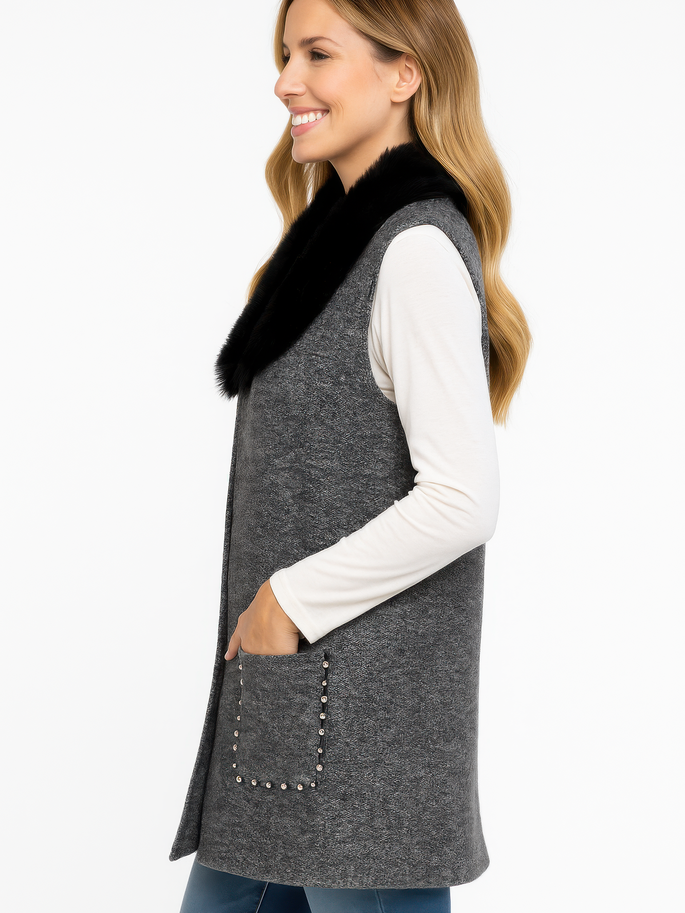 Sleeveless Wool-Blend Vest With Faux Fur Collar on model with pockets and heathered grey fabric, stylish outerwear.