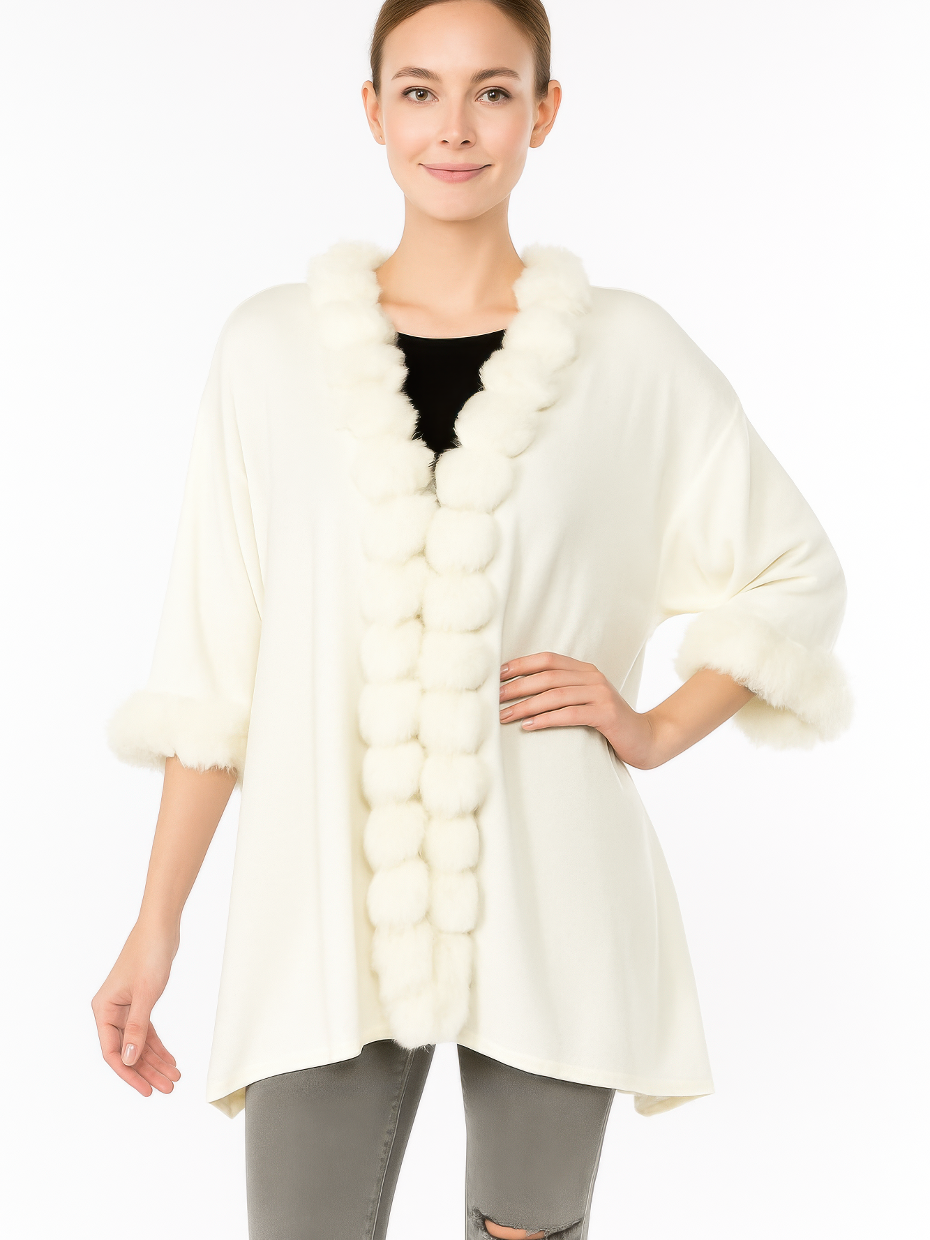 Open-Front Cape With Pom Faux Fur Trim on model, featuring plush pom trim and elegant open-front design.