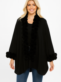 Open-Front Cape With Pom Faux Fur Trim worn by a model showcasing its elegant design and plush trim.