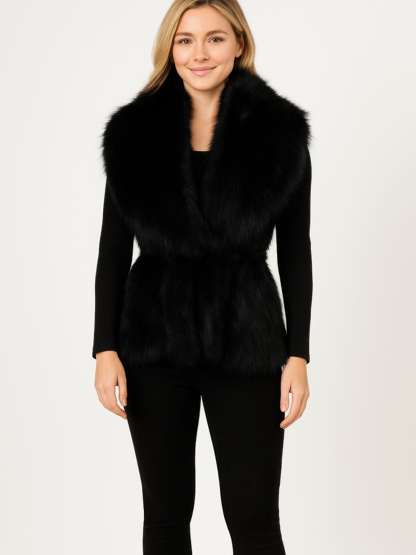Black faux fur sleeveless vest with cinched waist, open front