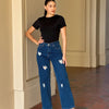 Embroidered Distressed Heart Wide Leg Denim Jean