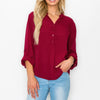 Button Detail Collar Woven Roll Up Sleeve Blouse