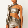 One Sleeve Metallic Top & Skirt Set