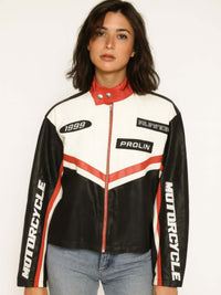 Model wearing a 1988 Vintage Motor Jacket with a sleek design and bold colors, showcasing biker style.