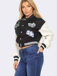 Varsity Patchwork Y2k Jacket featuring patchwork details, snap collar, and button-front closure in trendy design.