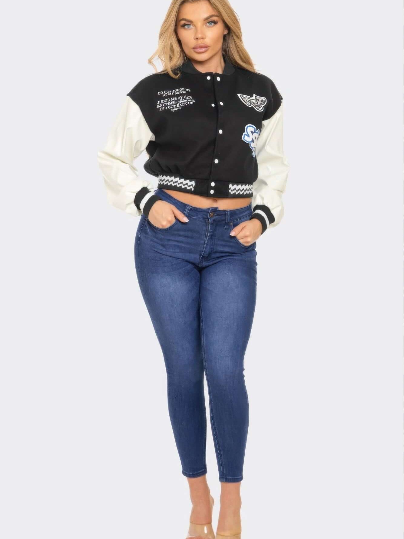 Varsity Patchwork Y2k Jacket featuring bold patchwork details and a stylish snap collar.