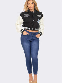 Varsity Patchwork Y2k Jacket featuring bold patchwork details and a stylish snap collar.