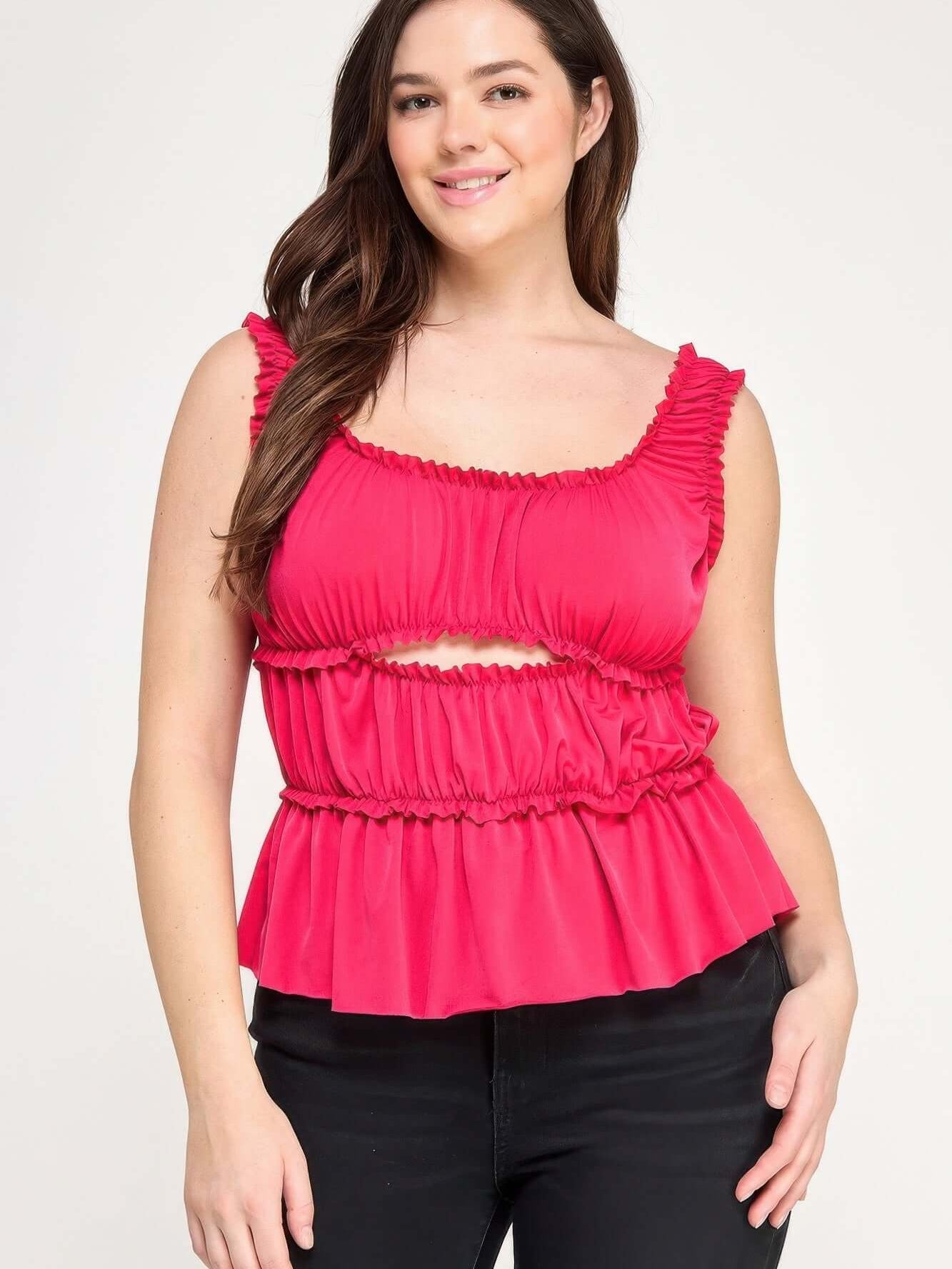 Plus Size Ruffled Tank With Cut Out in bright pink with ruffled details and a cut-out below the bust.